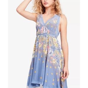 Free People Intimately Longwiod Blue Floral Print Mini Slip‎ Dress Size S